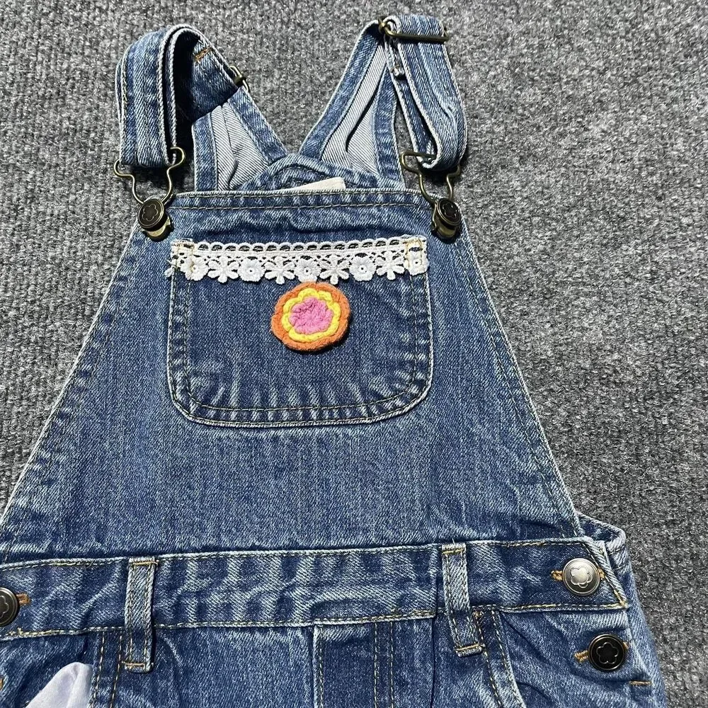 Self Esteem Denim Overalls Shortalls Girl 4T Blue Embroidered Flowers Lace Trim